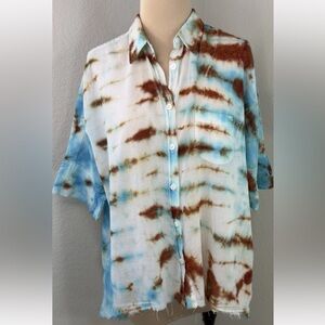Free People Teal Terracotta Baja Tie Dye Cotton Fringe Oversized Shirt top XS